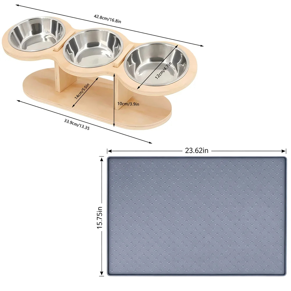 Cat Raised Feeder Three Stainless Steel Bowls Tilted 15 Degree
