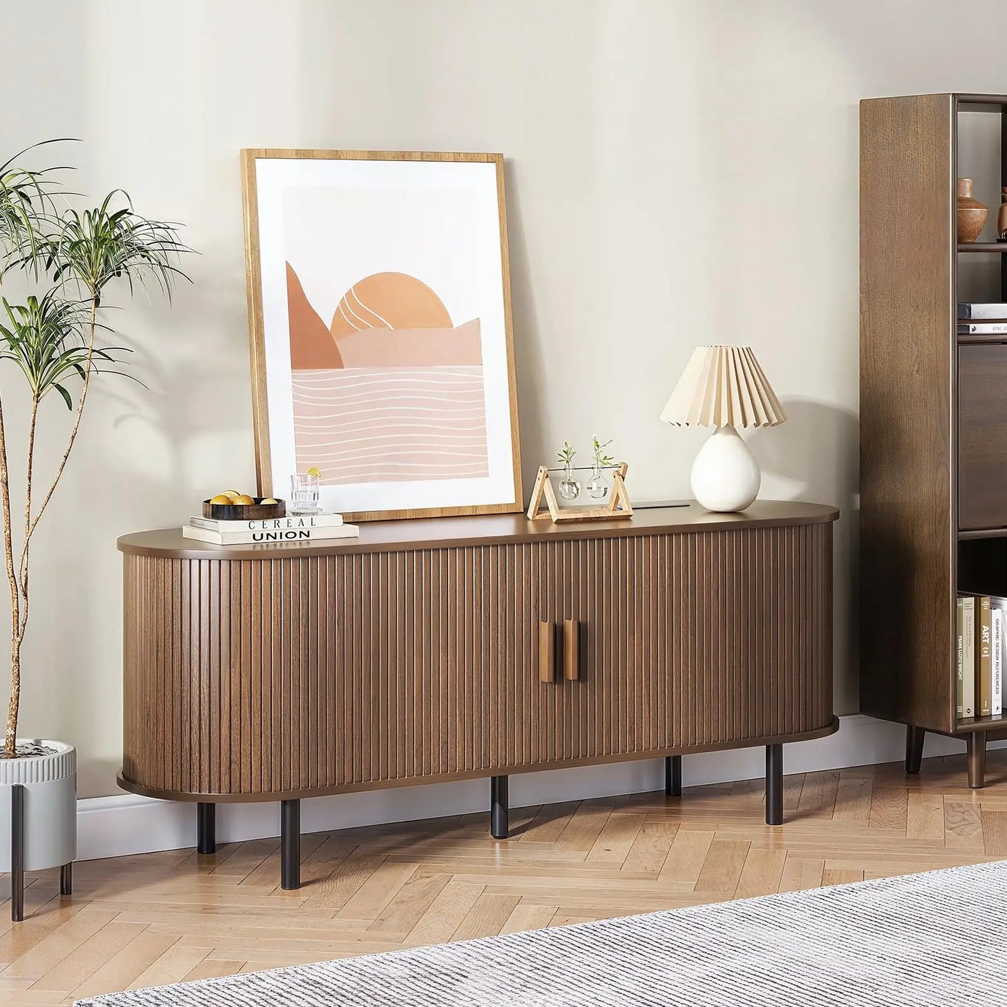 ONBRILL TV Stand With Power Outlet And Sliding Storage Doors