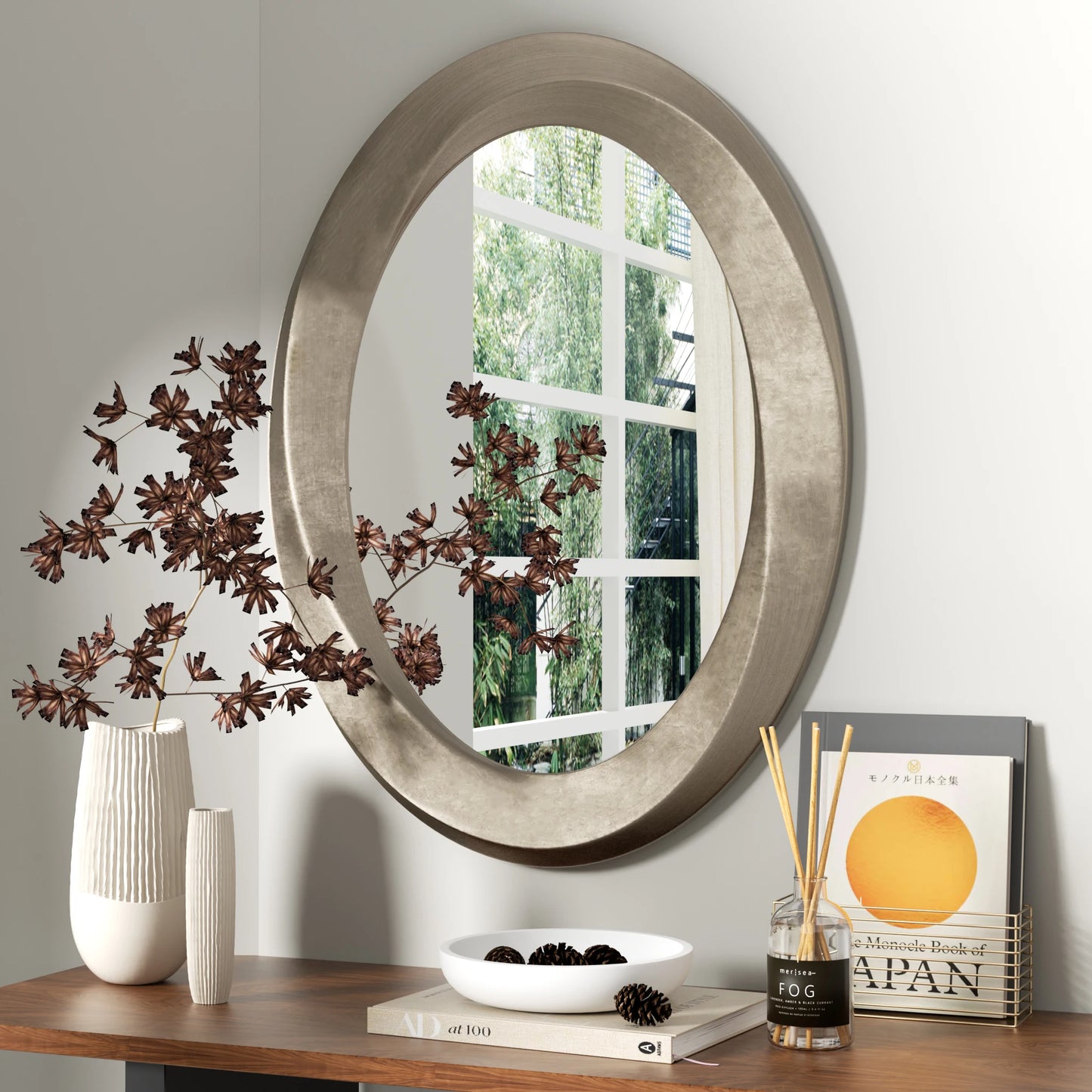 Oval Wall Mirror With Beveled Edge And Curved Frame