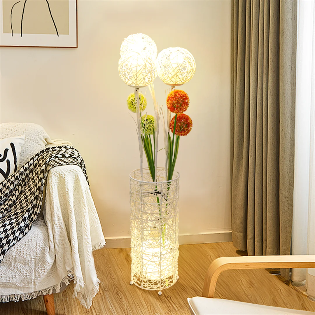 Contemporary Rattan Floor Lamp With Iron Base Decor