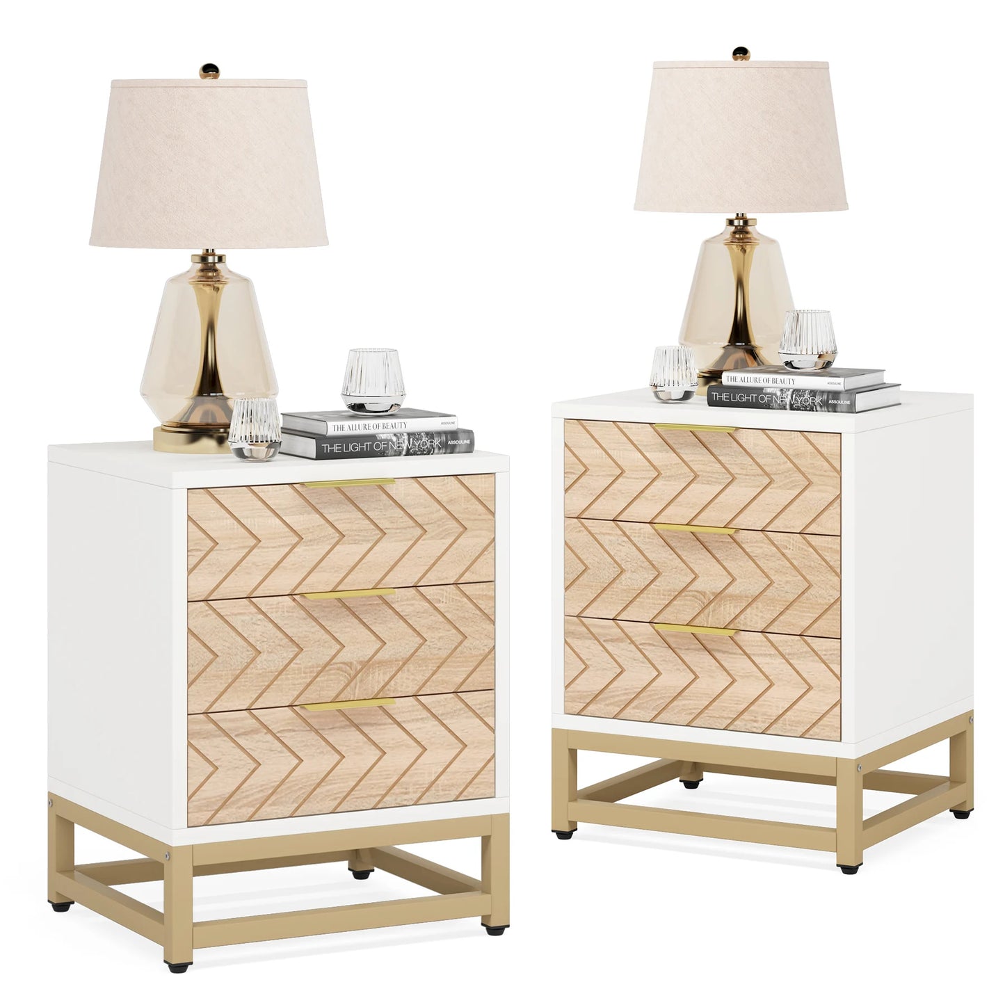 Tribesigns 3 Drawer Nightstands Set of 2 With Chevron Design