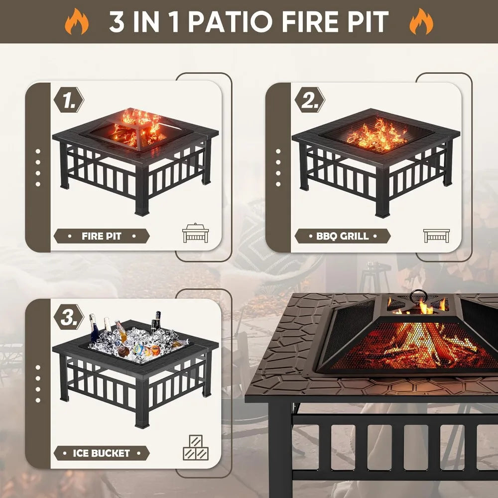 Metal Square Fire Pit Table With Spark Screen Outdoor Cover