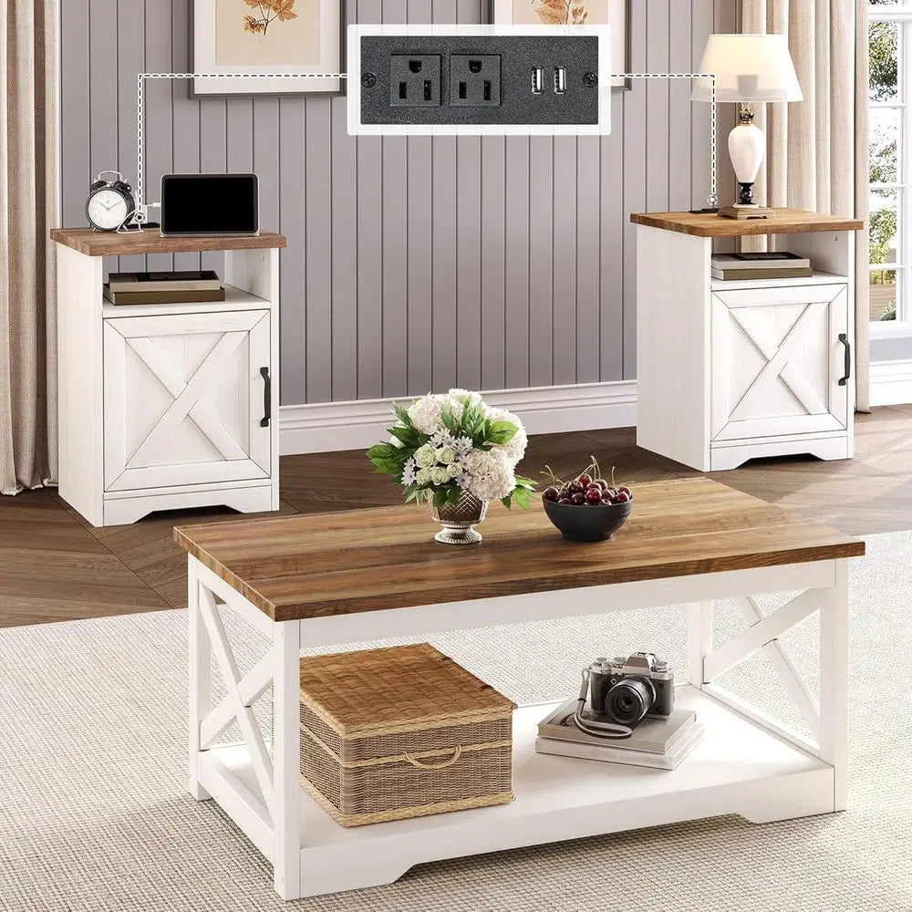 Rustic Armhouse Coffee Table Set With USB Charging Ports And End Tables
