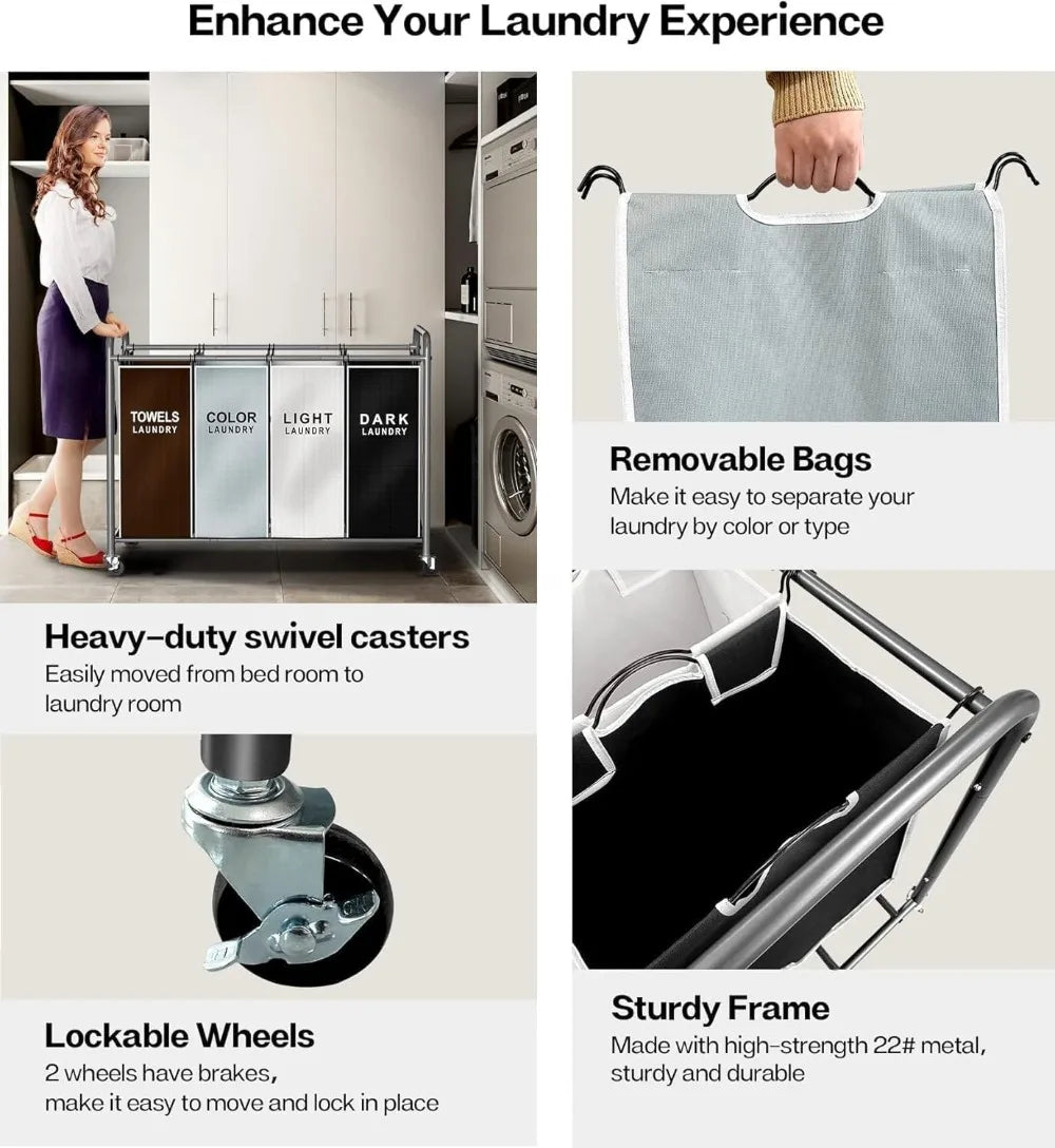 4-Section Laundry Hamper Sorter Cart With Lockable Wheels