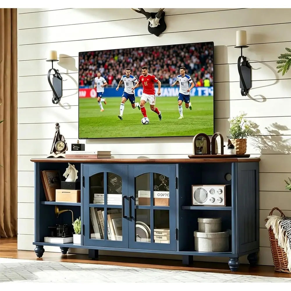 Armhouse Wood TV Stand With Glass Doors And Adjustable Shelves