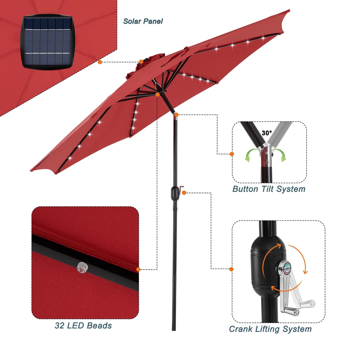 JHK Solar Patio Umbrella With LED Lights UV Resistant Tilt
