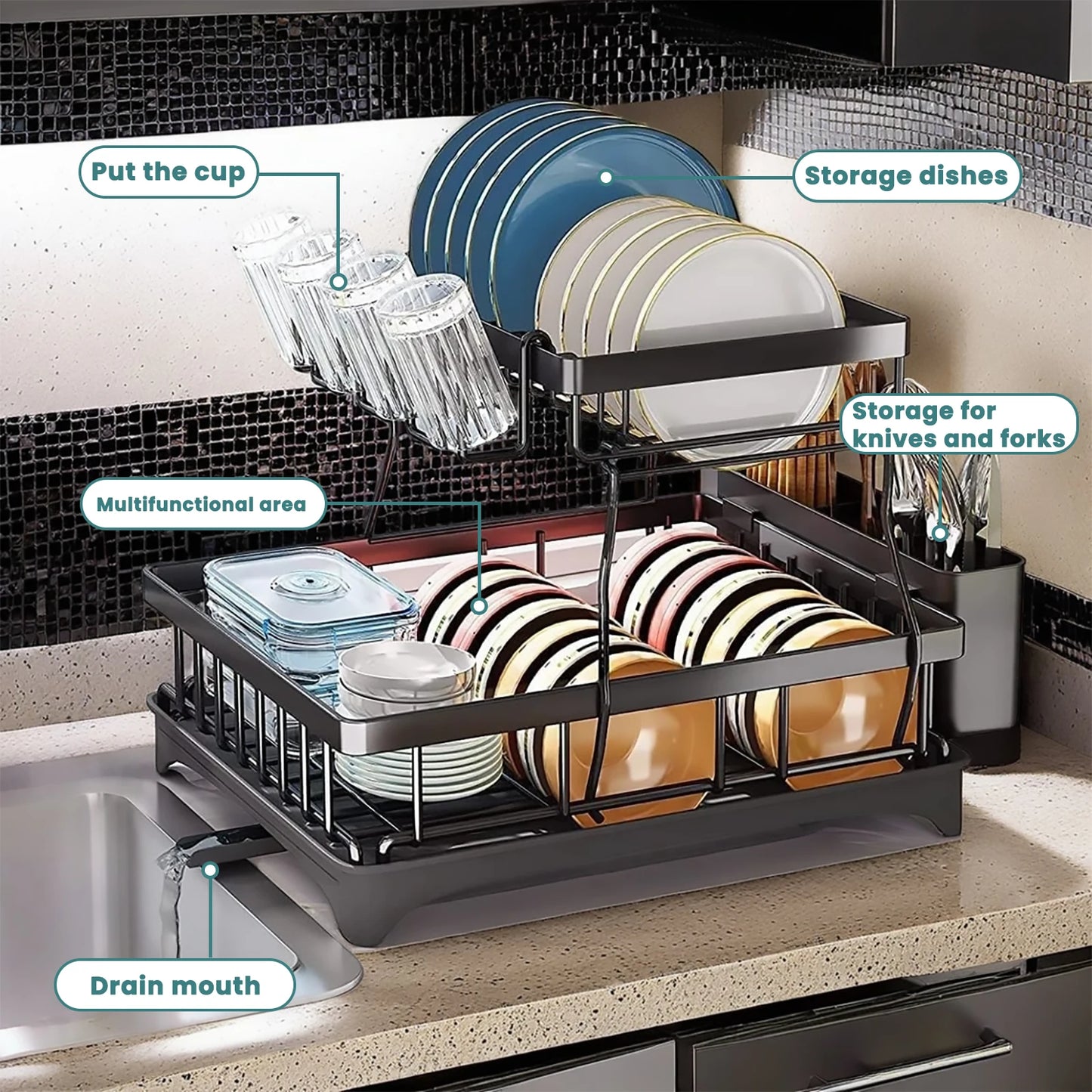 Two Tier Metal Dish Drying Rack Removable For Kitchen Countertop Large Capacity