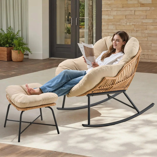 ONBRILL Papasan Rocking Chair With Ottoman Outdoor Wicker Rattan Lounge