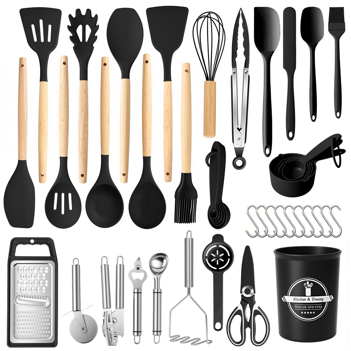 Silicone Wooden Handle 44 Piece Non Stick Kitchen Utensil Set