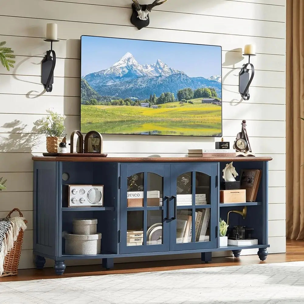 Armhouse Wood TV Stand With Glass Doors And Adjustable Shelves