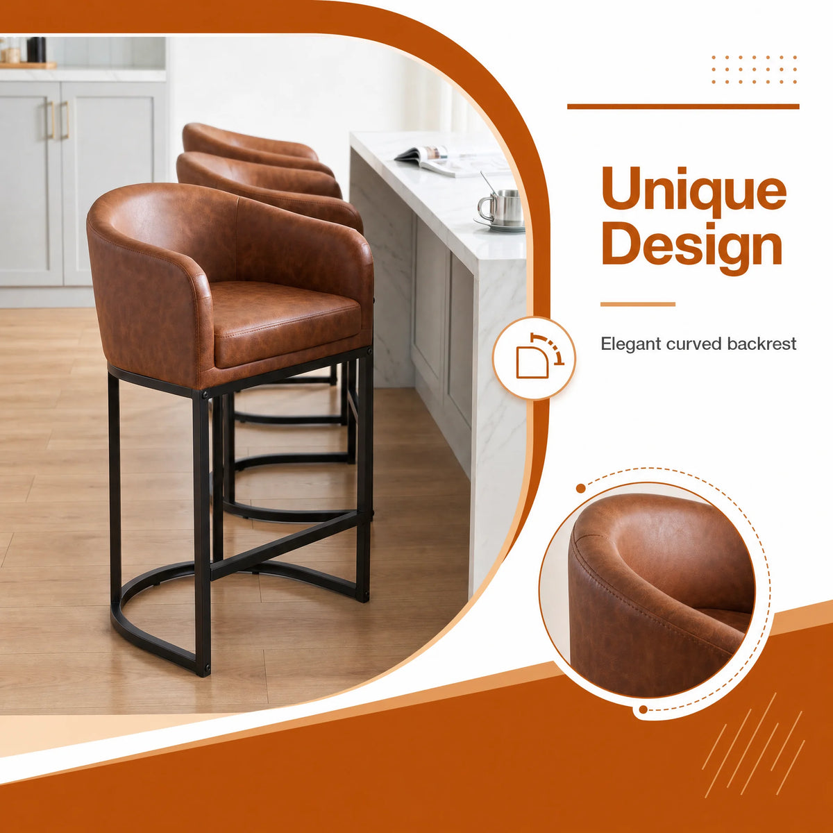 Modern Upholstered Counter Bar Stools With Curved Backrest And Armrests