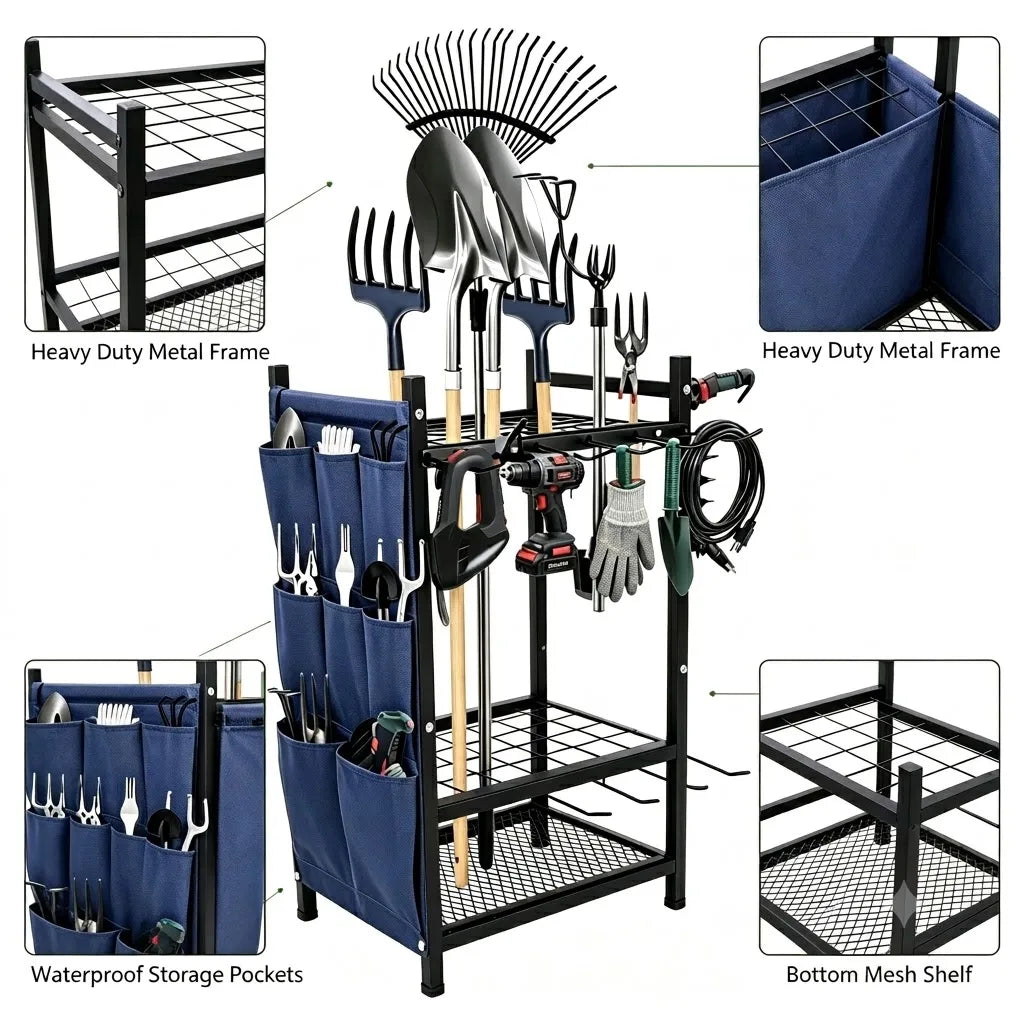 Heavy Duty Garden Tool Storage Rack Freestanding Long Handle Holder